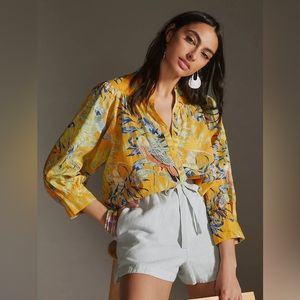 NWOT Mauve by Anthropologie Orange Printed Puff-Sleeved Button Down